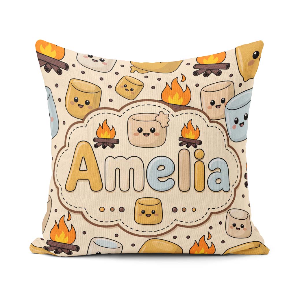 Custom Name Cute Campfire Smores Sweet Treat Seamless Pattern Square Filled Cushion Throw Pillow Sofa Bed Home Decor Zip Washable UK Made
