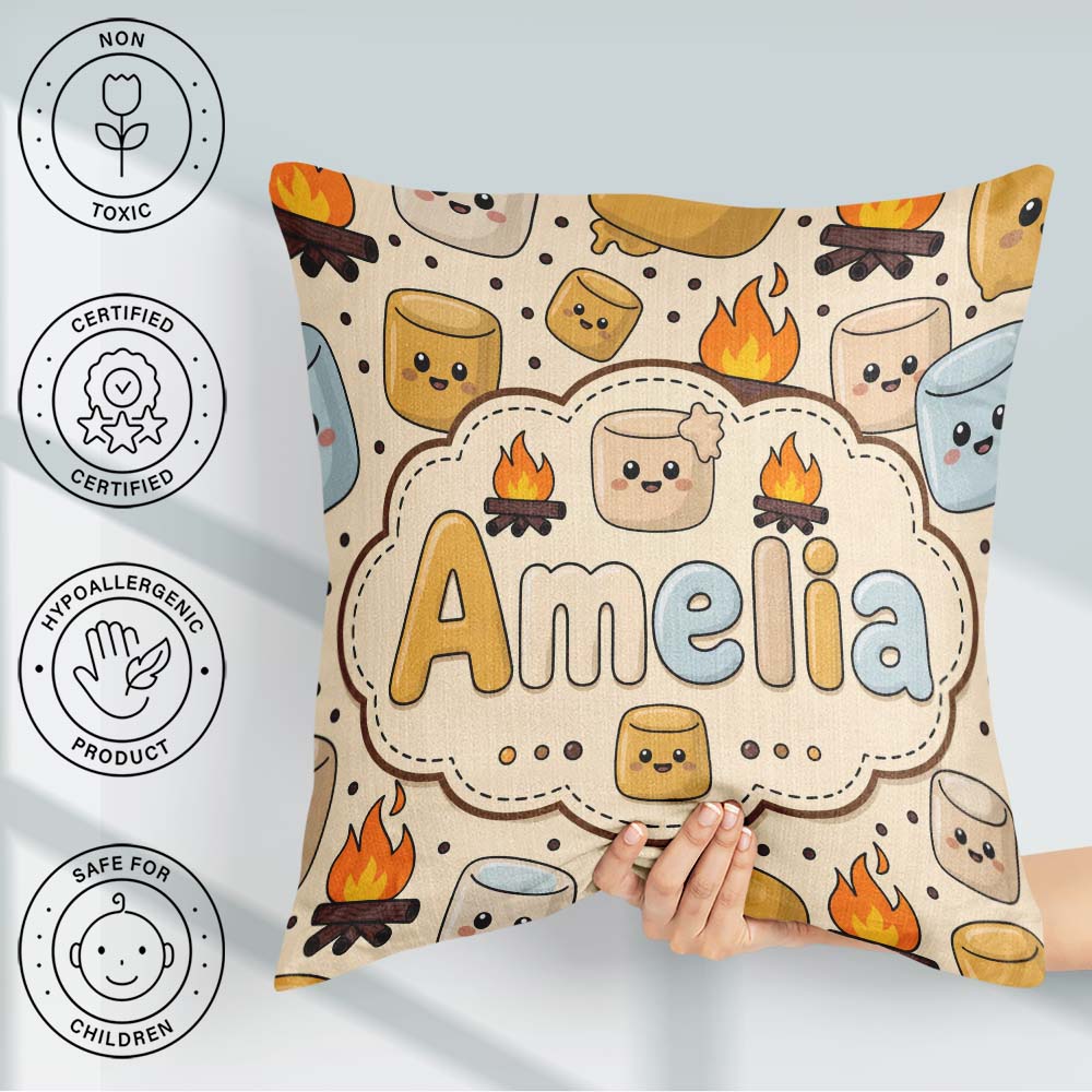 Custom Name Cute Campfire Smores Sweet Treat Seamless Pattern Square Filled Cushion Throw Pillow Sofa Bed Home Decor Zip Washable UK Made