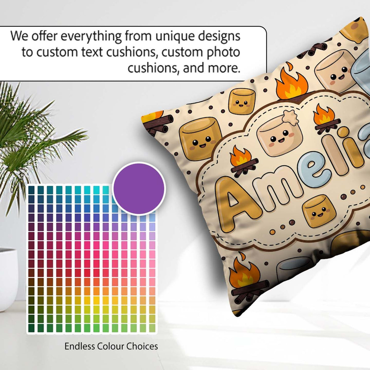Custom Name Cute Campfire Smores Sweet Treat Seamless Pattern Square Filled Cushion Throw Pillow Sofa Bed Home Decor Zip Washable UK Made