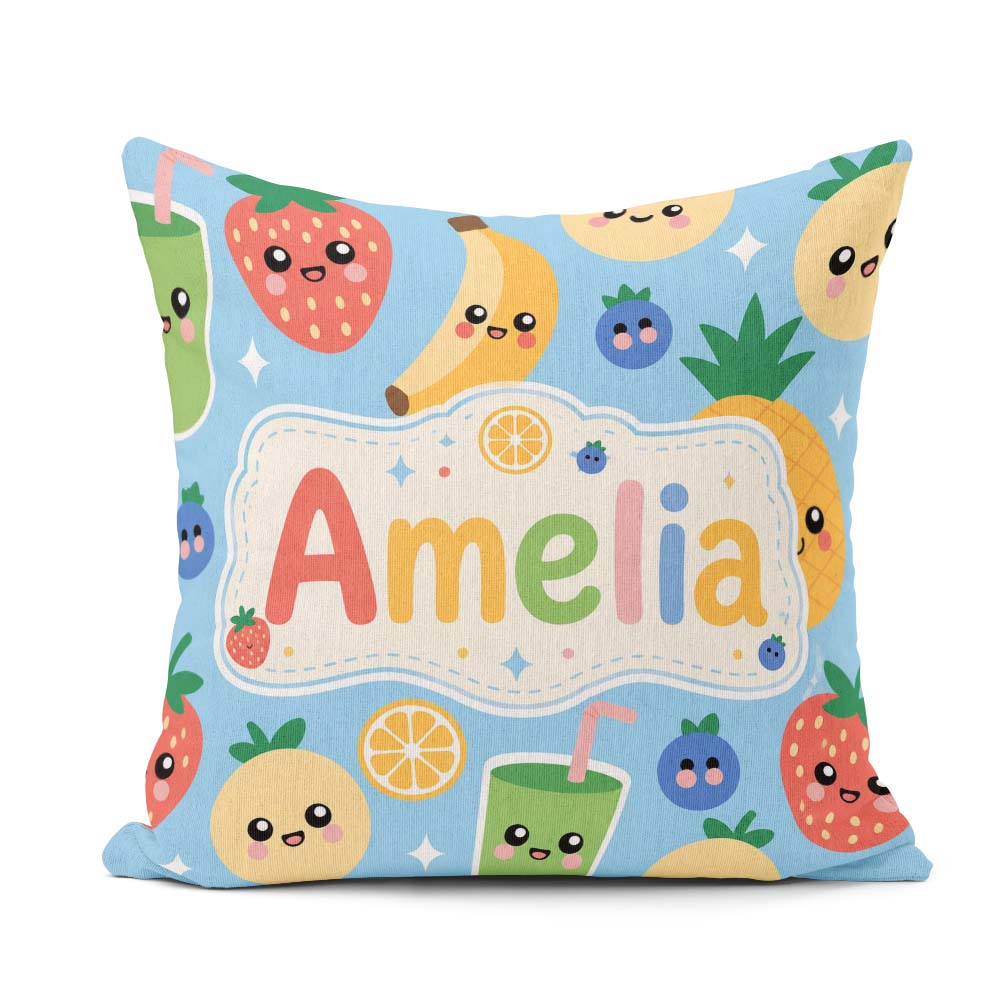Custom Name Kawaii Fruits Smoothie Strawberry Pineapple Seamless Square Filled Cushion Throw Pillow Sofa Bed Home Decor Zip Washable UK Made