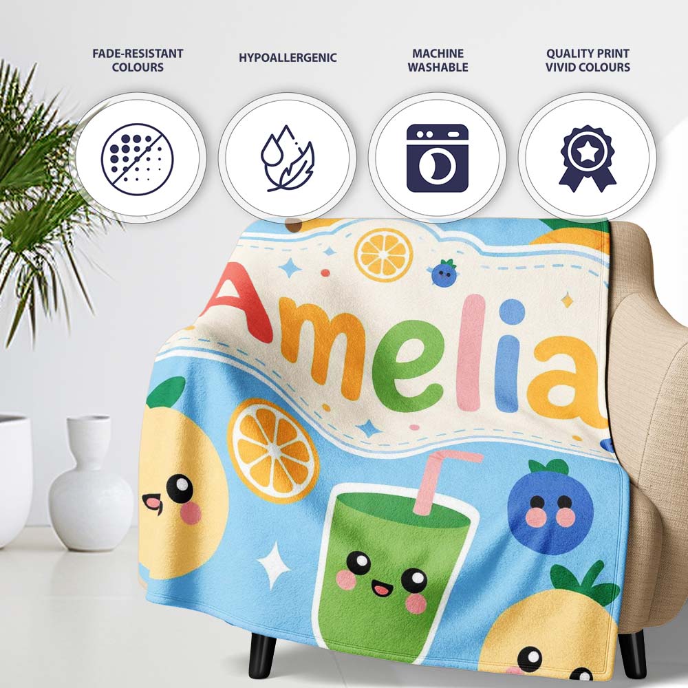 Cute Kawaii Fruits Smoothie Banana Strawberry Pineapple Seamless  Personalised Custom Name Super Soft Fleece Blanket Bed Sofa Throw
