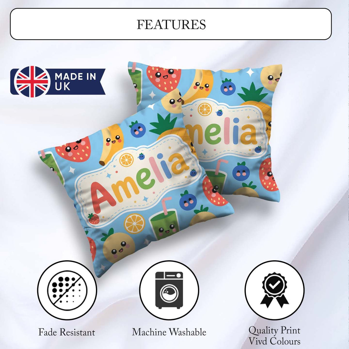 Custom Name Kawaii Fruits Smoothie Strawberry Pineapple Seamless Square Filled Cushion Throw Pillow Sofa Bed Home Decor Zip Washable UK Made