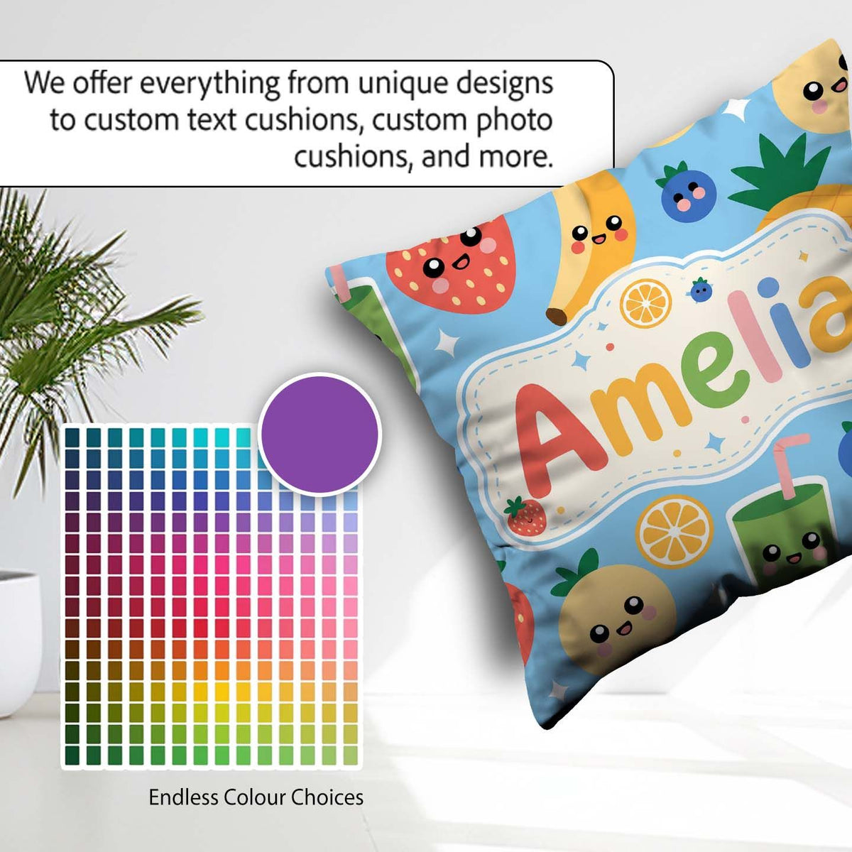 Custom Name Kawaii Fruits Smoothie Strawberry Pineapple Seamless Square Filled Cushion Throw Pillow Sofa Bed Home Decor Zip Washable UK Made
