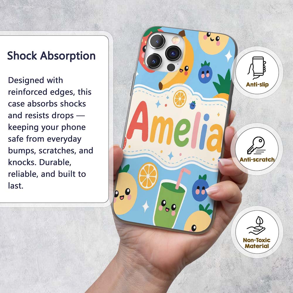 Cute Kawaii Fruits Smoothie Banana Strawberry Custom Name Protective Phone Case Mobile Cover Durable Everyday Smartphone Shock Resistant
