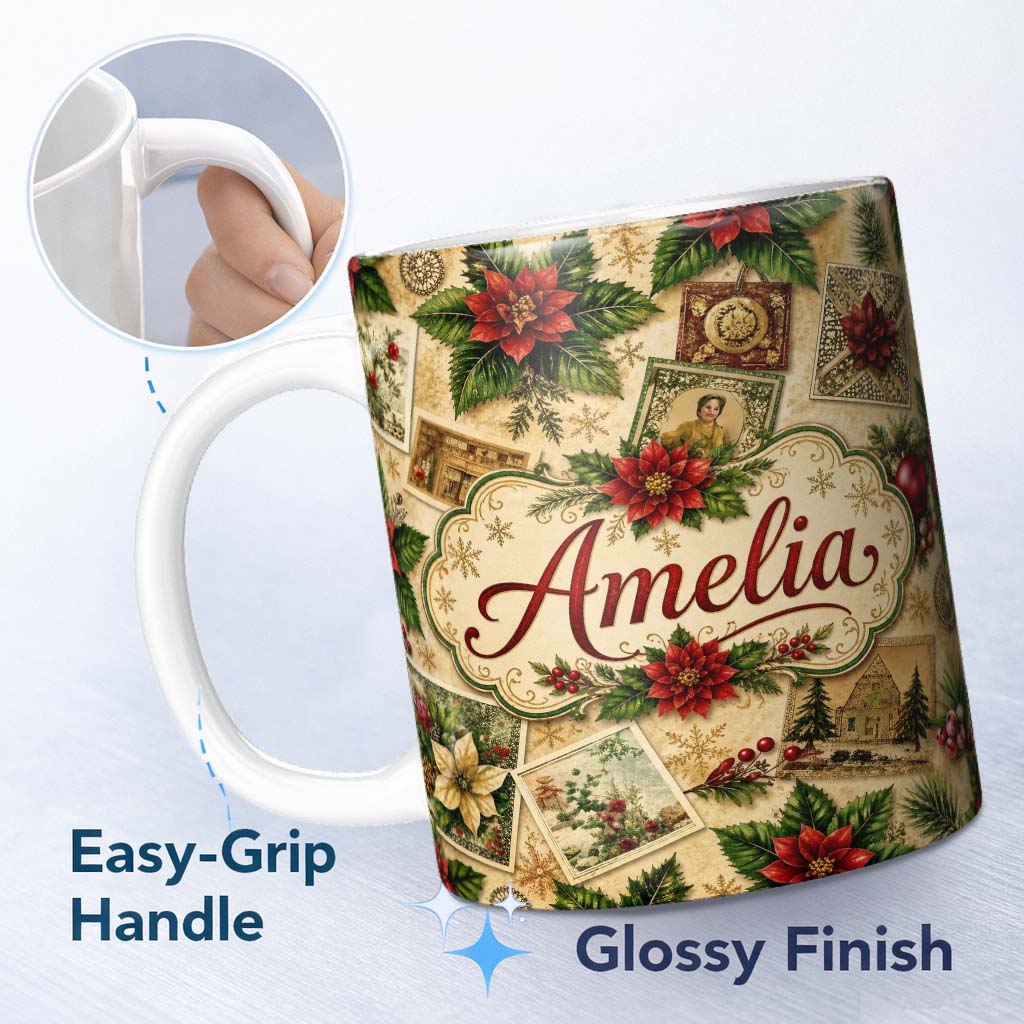 Personalized Custom Name Vintage Christmas Collage Postcard Floral Bauble Festive Seamless 11oz Ceramic Coffee Tea Mug White Large Handle