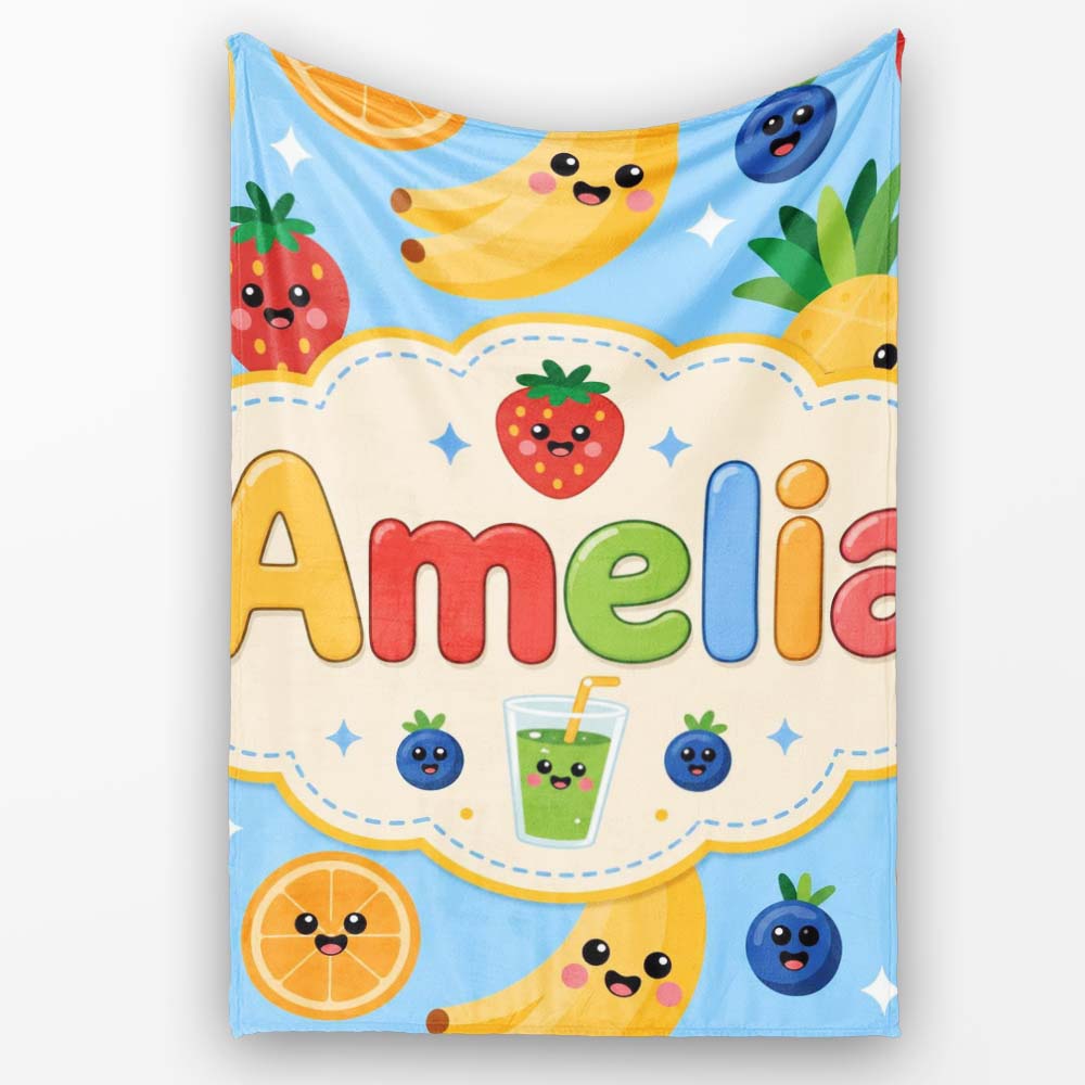 Cute Kawaii Fruits Juice Drink Strawberry Banana Orange Seamless  Personalised Custom Name Super Soft Fleece Blanket Bed Sofa Throw