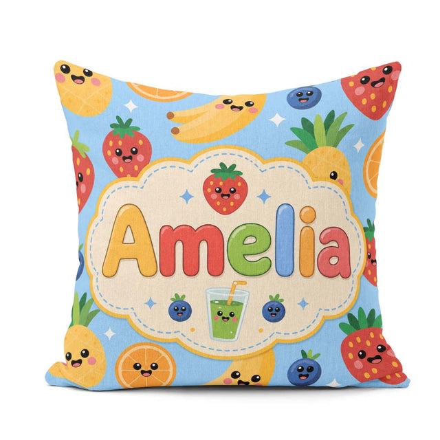 Custom Name Kawaii Fruits Juice Drink Strawberry Banana Seamless Square Filled Cushion Throw Pillow Sofa Bed Home Decor Zip Washable UK Made