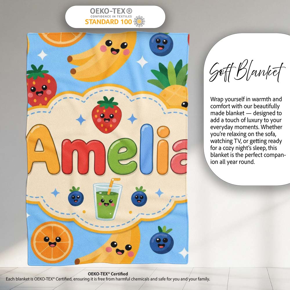 Cute Kawaii Fruits Juice Drink Strawberry Banana Orange Seamless  Personalised Custom Name Super Soft Fleece Blanket Bed Sofa Throw