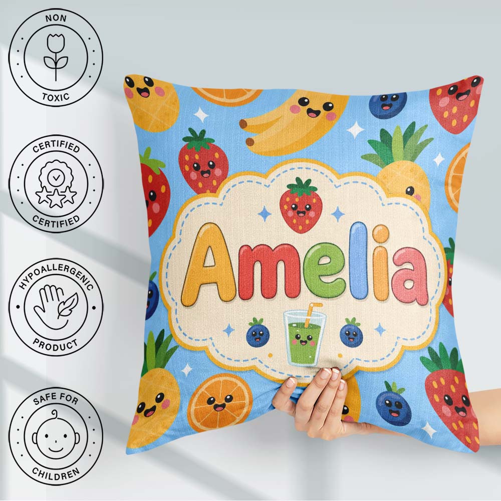 Custom Name Kawaii Fruits Juice Drink Strawberry Banana Seamless Square Filled Cushion Throw Pillow Sofa Bed Home Decor Zip Washable UK Made
