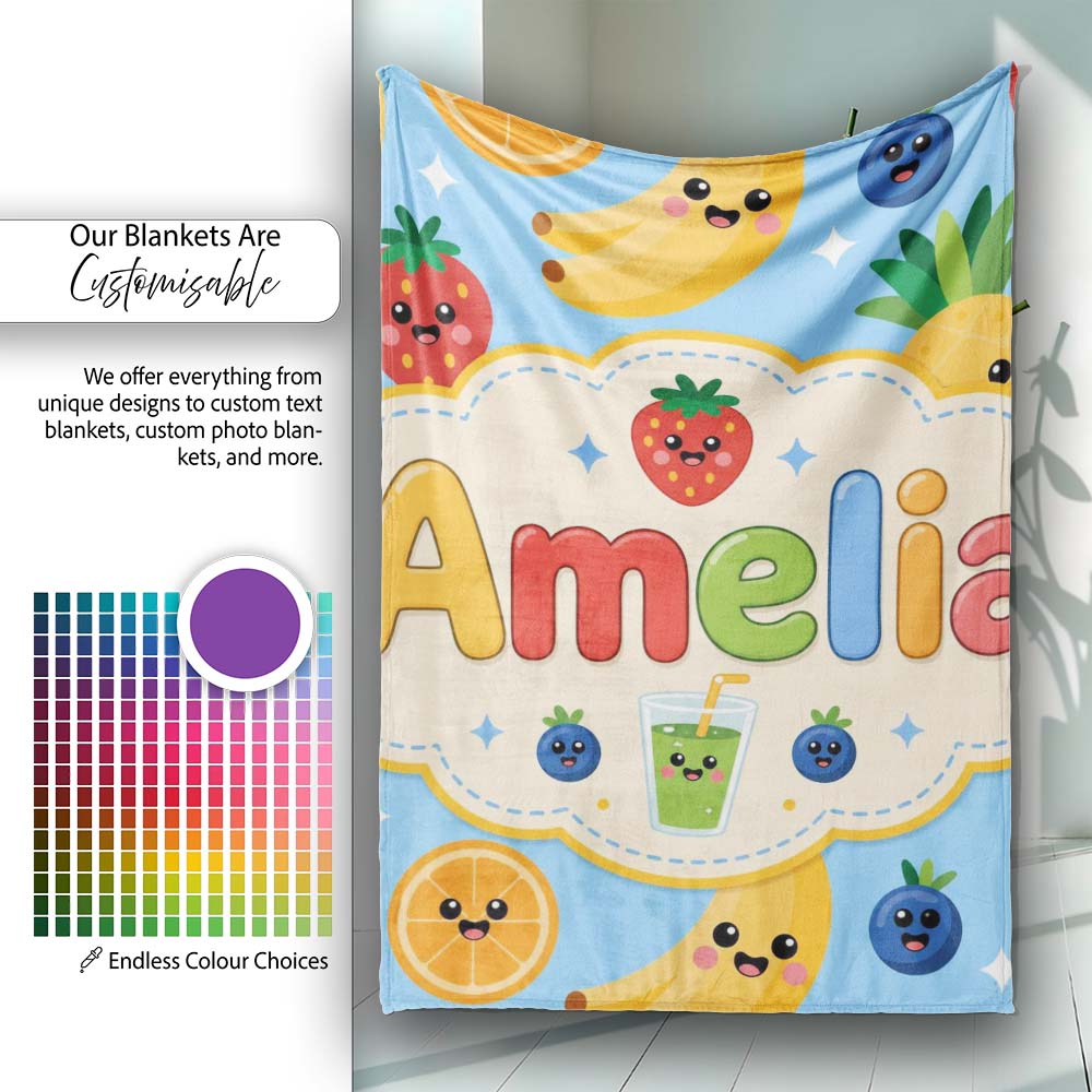 Cute Kawaii Fruits Juice Drink Strawberry Banana Orange Seamless  Personalised Custom Name Super Soft Fleece Blanket Bed Sofa Throw