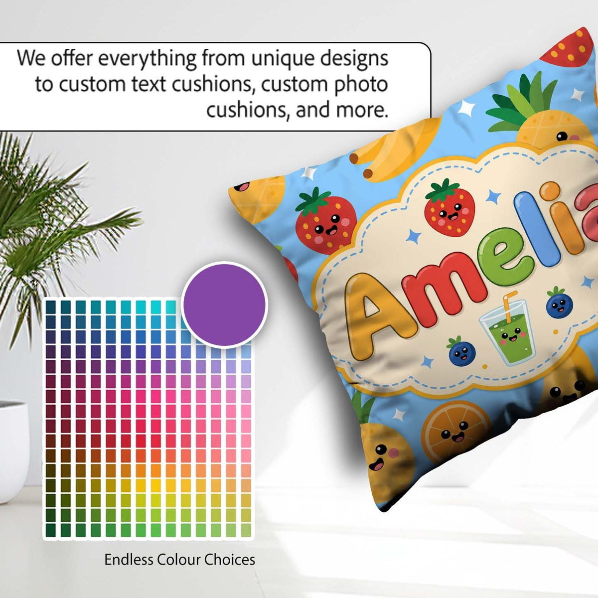 Custom Name Kawaii Fruits Juice Drink Strawberry Banana Seamless Square Filled Cushion Throw Pillow Sofa Bed Home Decor Zip Washable UK Made