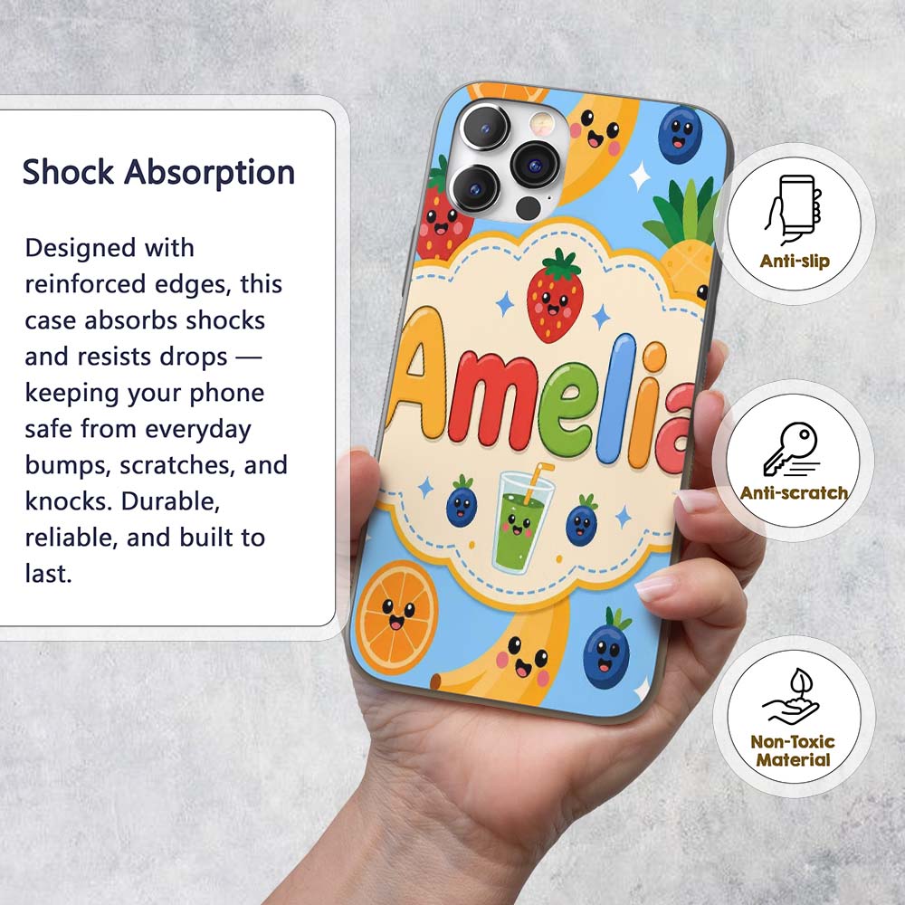 Cute Kawaii Fruits Juice Drink Strawberry Banana Custom Name Protective Phone Case Mobile Cover Durable Everyday Smartphone Shock Resistant