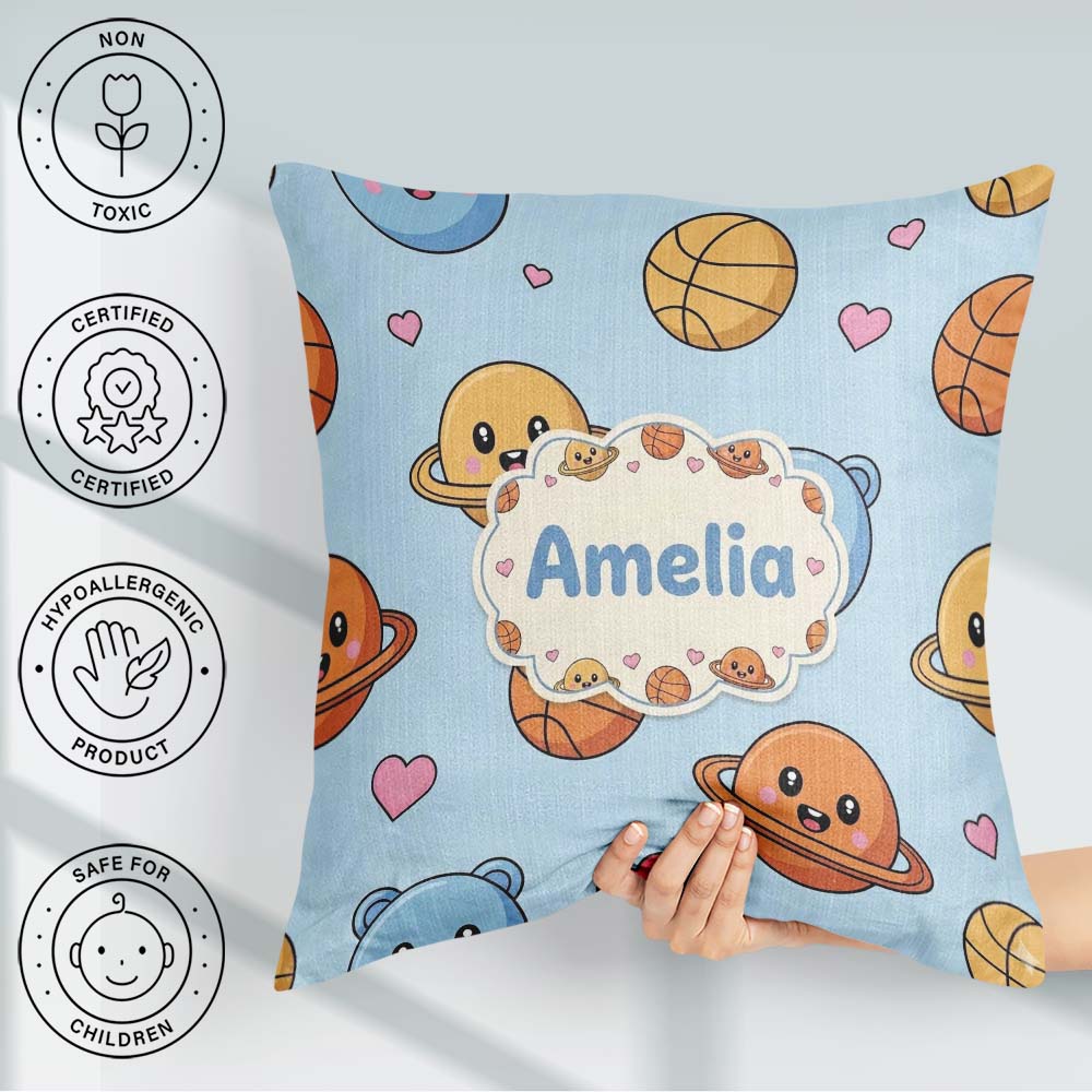 Custom Name Kawaii Planets Basketball Fun Space Seamless Pattern Square Filled Cushion Throw Pillow Sofa Bed Home Decor Zip Washable UK Made