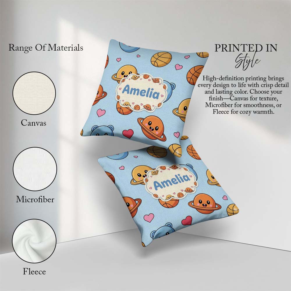 Custom Name Kawaii Planets Basketball Fun Space Seamless Pattern Square Filled Cushion Throw Pillow Sofa Bed Home Decor Zip Washable UK Made