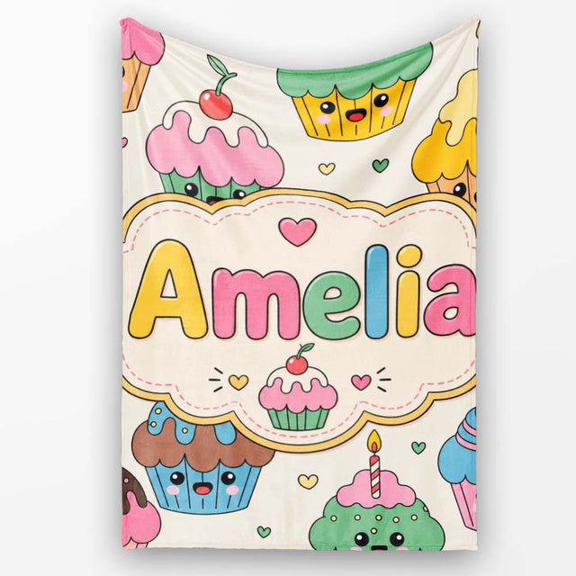 Cute Birthday Cupcakes Candles Sweet Treats Seamless Pattern Lovely  Personalised Custom Name Super Soft Fleece Blanket Bed Sofa Throw