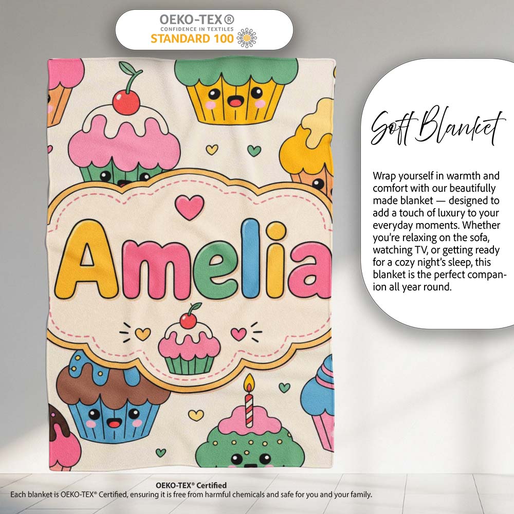Cute Birthday Cupcakes Candles Sweet Treats Seamless Pattern Lovely  Personalised Custom Name Super Soft Fleece Blanket Bed Sofa Throw