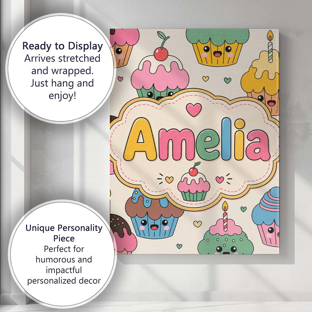 Personalised Name Cute Birthday Cupcakes Custom  Unique Gift Idea Elegant Feature Canvas Wall Art Print Decor Picture Ready to Hang