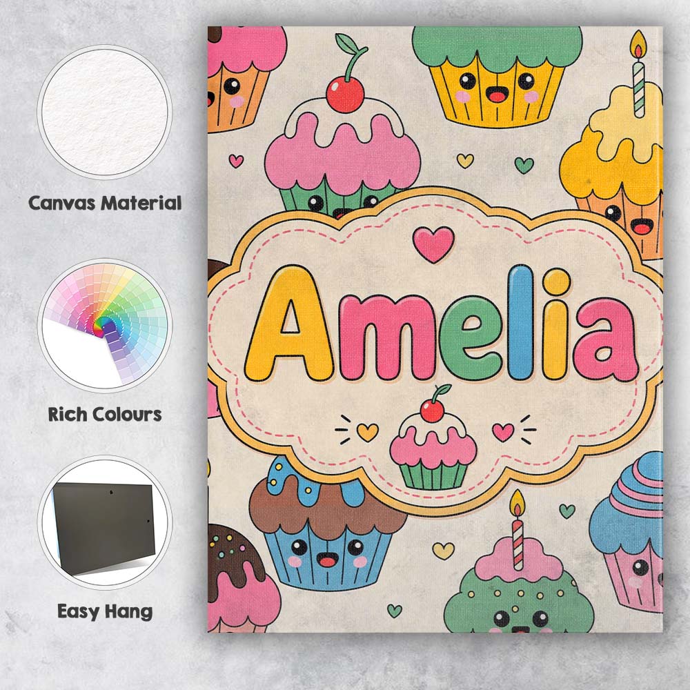 Personalised Name Cute Birthday Cupcakes Custom  Unique Gift Idea Elegant Feature Canvas Wall Art Print Decor Picture Ready to Hang