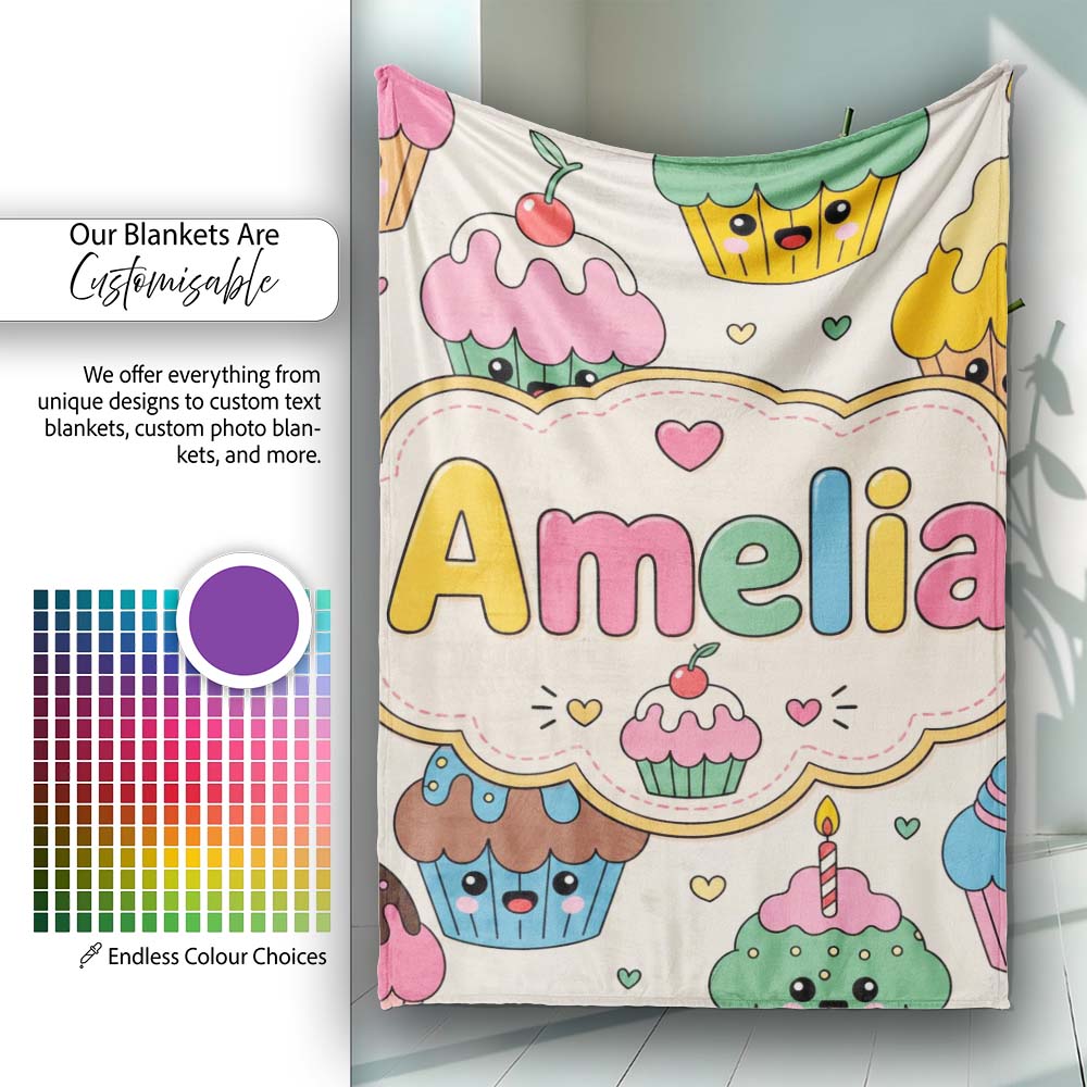 Cute Birthday Cupcakes Candles Sweet Treats Seamless Pattern Lovely  Personalised Custom Name Super Soft Fleece Blanket Bed Sofa Throw