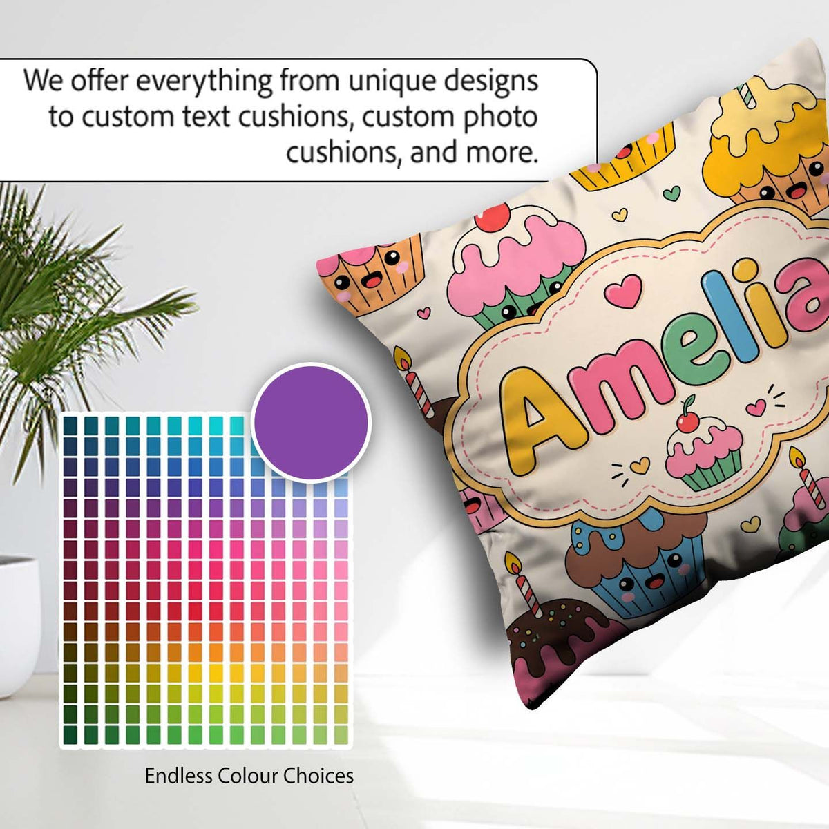 Custom Name Cute Birthday Cupcakes Candles Sweet Treats Seamless Square Filled Cushion Throw Pillow Sofa Bed Home Decor Zip Washable UK Made