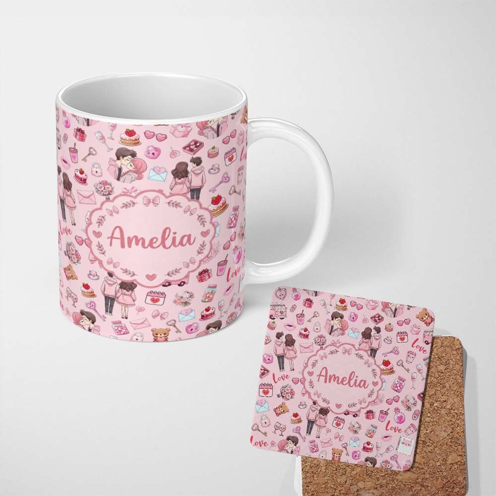 Personalized Custom Name Cute Love Couple Gifts Cakes Teddy Bear Pattern Soft Pink Background 11oz Ceramic Coffee Tea Mug White Large Handle