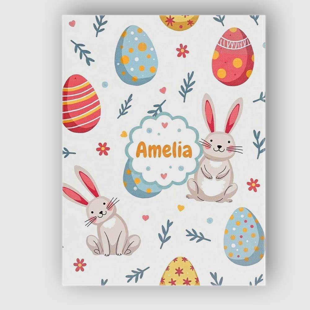 Personalised Name Cute Easter Bunnies Eggs Custom  Unique Gift Idea Elegant Feature Canvas Wall Art Print Decor Picture Ready to Hang