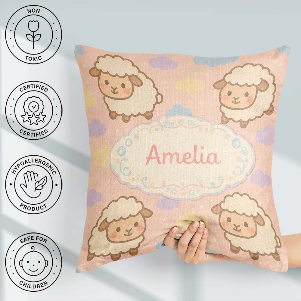 Custom Name Cute Sheep Cloud Cartoon Farm Animal Pattern Cute Square Filled Cushion Throw Pillow Sofa Bed Home Decor Zip Washable UK Made