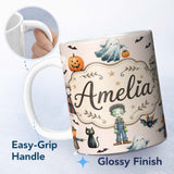 Personalized Custom Name Halloween Zombie Mummy Vampire Bat Spooky Neutral Seamless Pattern 11oz Ceramic Coffee Tea Mug White Large Handle