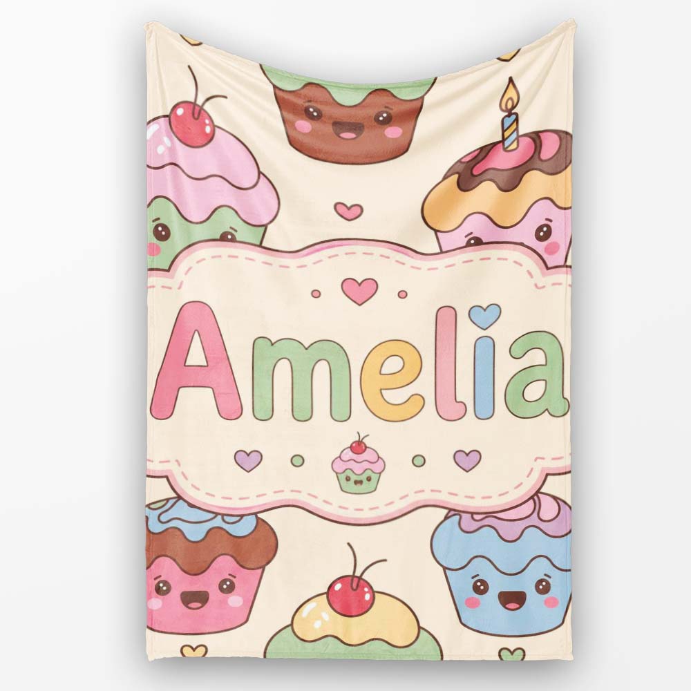 Cute Birthday Cupcakes Sweet Treat Candles Seamless Pattern Lovely  Personalised Custom Name Super Soft Fleece Blanket Bed Sofa Throw