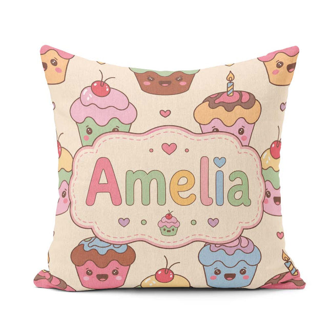 Custom Name Cute Birthday Cupcakes Sweet Treat Candles Seamless Square Filled Cushion Throw Pillow Sofa Bed Home Decor Zip Washable UK Made