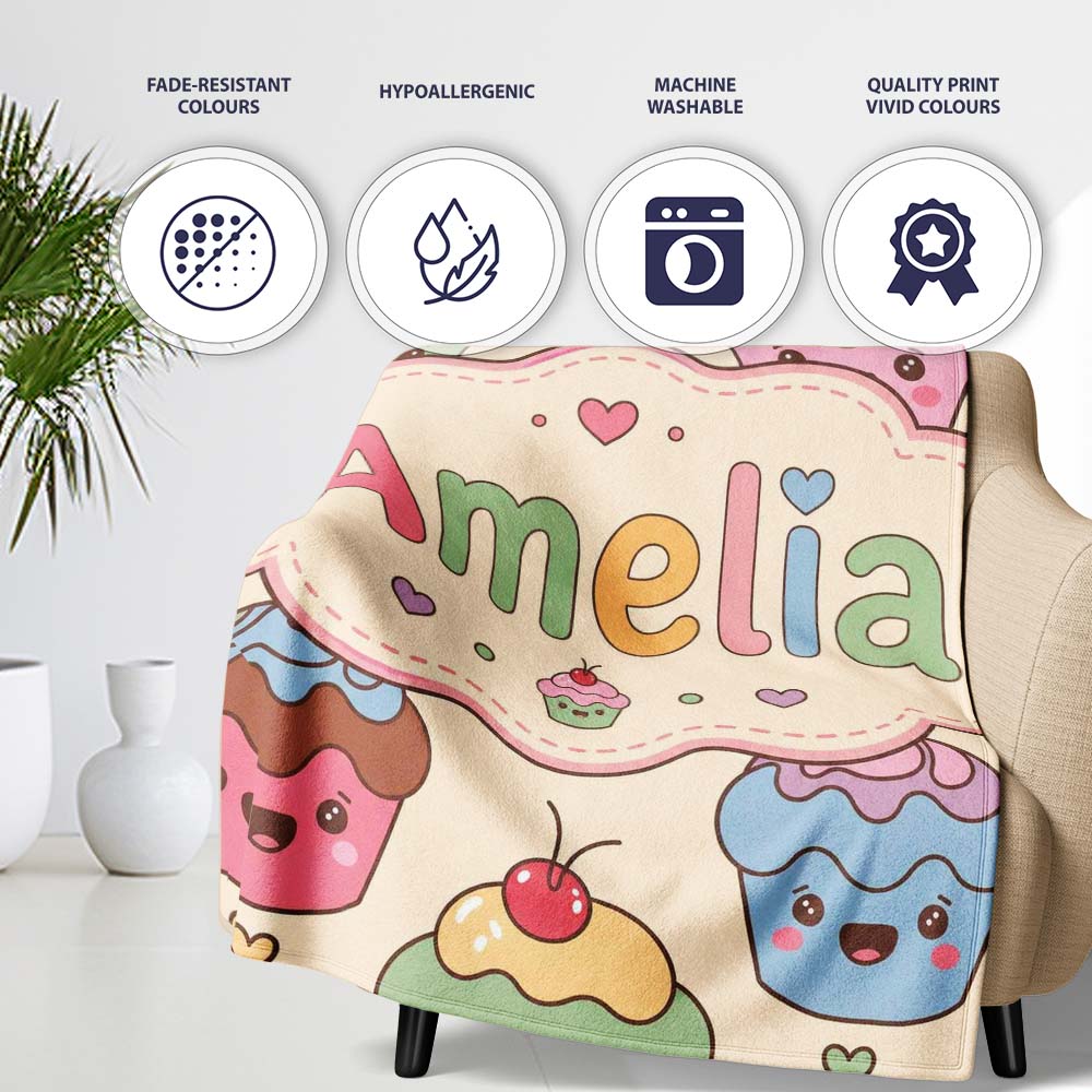 Cute Birthday Cupcakes Sweet Treat Candles Seamless Pattern Lovely  Personalised Custom Name Super Soft Fleece Blanket Bed Sofa Throw