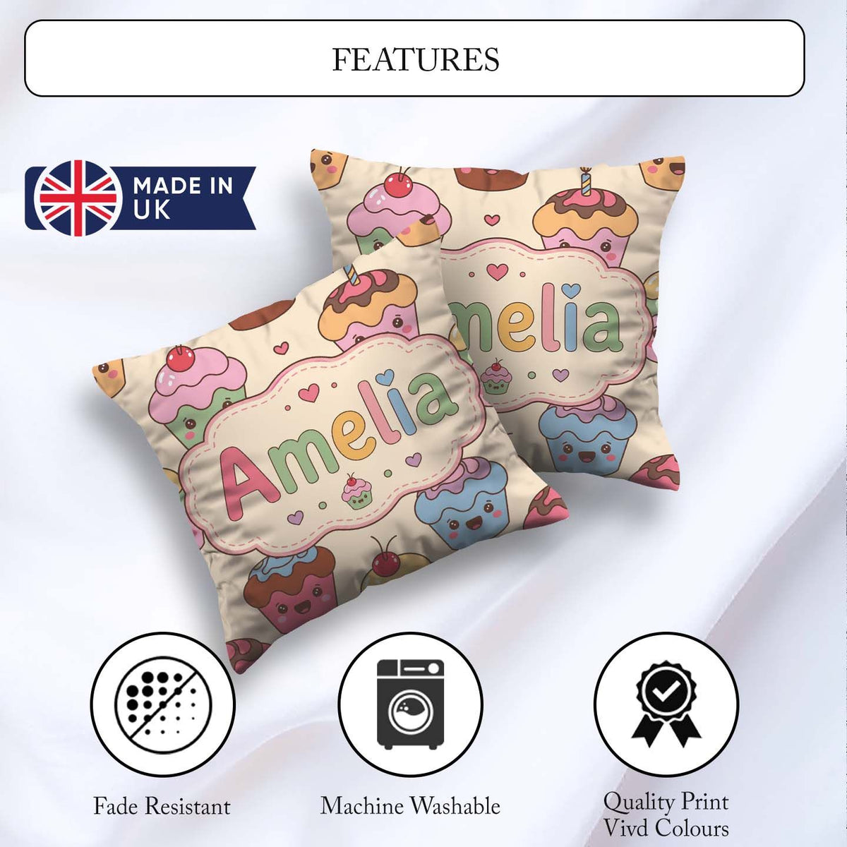 Custom Name Cute Birthday Cupcakes Sweet Treat Candles Seamless Square Filled Cushion Throw Pillow Sofa Bed Home Decor Zip Washable UK Made