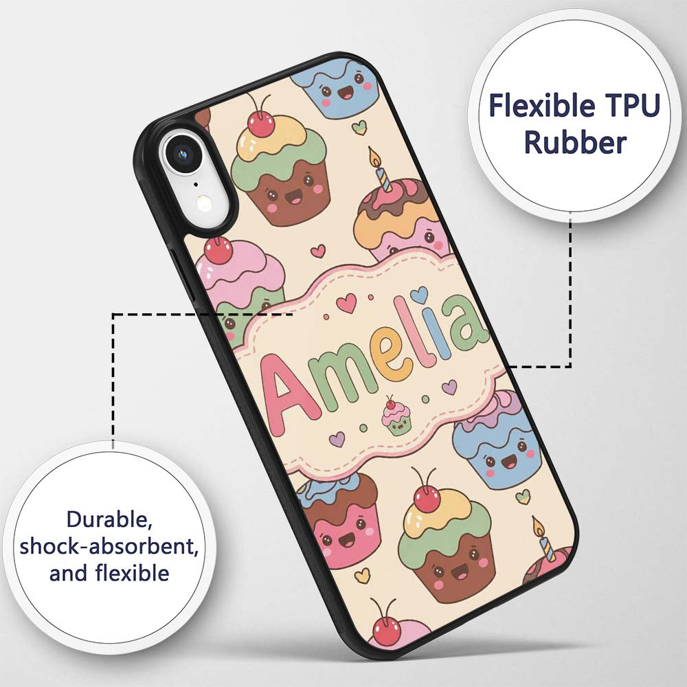 Cute Birthday Cupcakes Sweet Treat Printed Design Custom Name Protective Phone Case Mobile Cover Durable Everyday Smartphone Shock Resistant