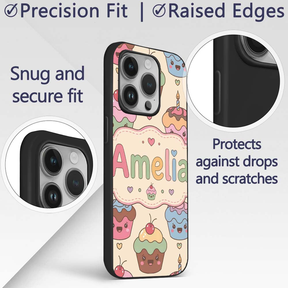 Cute Birthday Cupcakes Sweet Treat Printed Design Custom Name Protective Phone Case Mobile Cover Durable Everyday Smartphone Shock Resistant