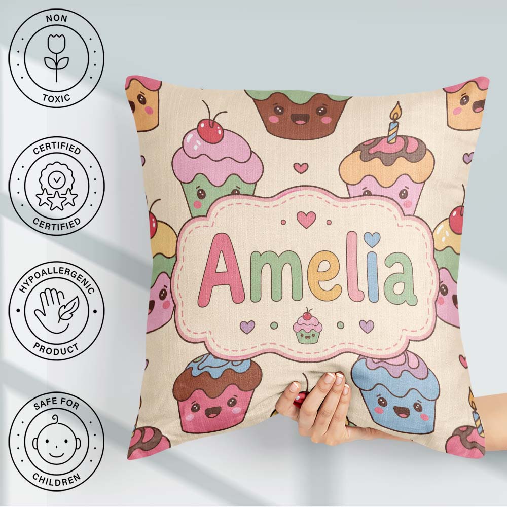 Custom Name Cute Birthday Cupcakes Sweet Treat Candles Seamless Square Filled Cushion Throw Pillow Sofa Bed Home Decor Zip Washable UK Made