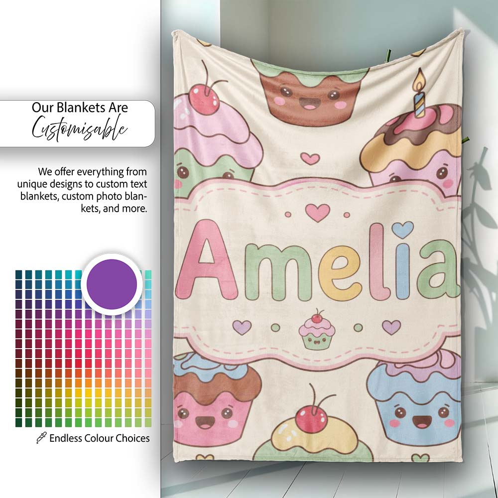 Cute Birthday Cupcakes Sweet Treat Candles Seamless Pattern Lovely  Personalised Custom Name Super Soft Fleece Blanket Bed Sofa Throw