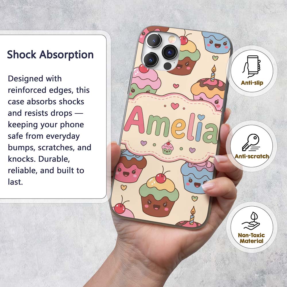 Cute Birthday Cupcakes Sweet Treat Printed Design Custom Name Protective Phone Case Mobile Cover Durable Everyday Smartphone Shock Resistant