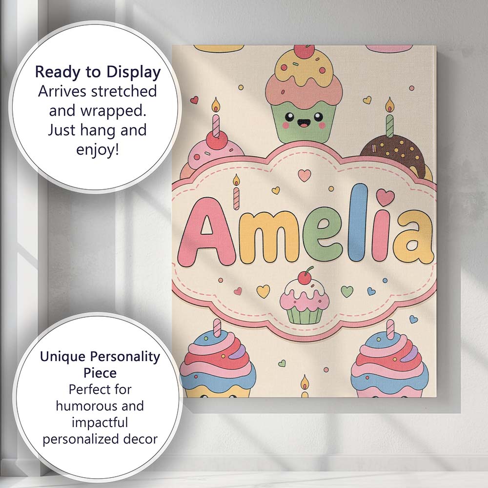 Personalised Name CuteKawaii Birthday Custom Modern Room Accent Creative Decorator Style Canvas Wall Art Print Decor Picture Ready to Hang