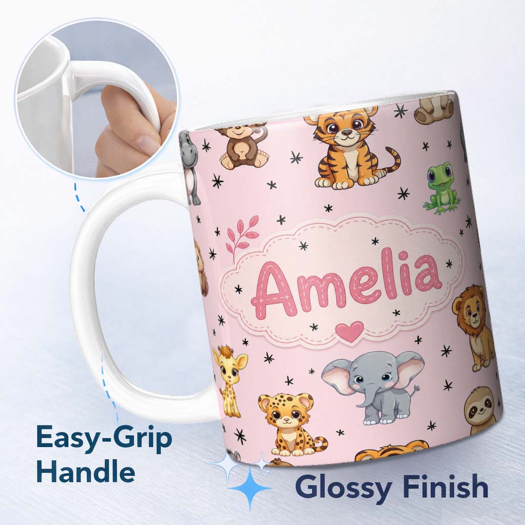 Personalized Custom Name Cute Jungle Baby Animals Tiger Elephant Giraffe Pattern Pink 11oz Ceramic Coffee Tea Mug White Large Handle