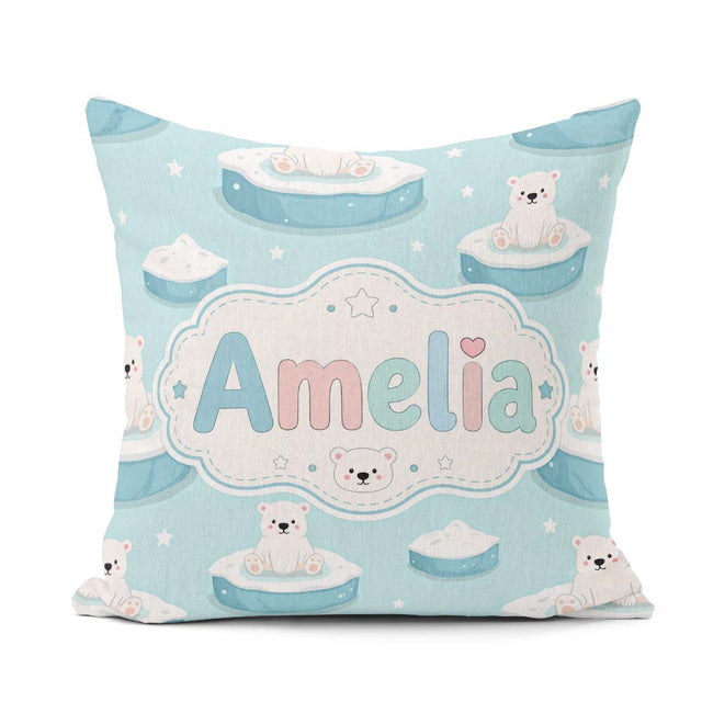 Custom Name Cute Polar Bears on Ice Floes Arctic Winter Seamless Square Filled Cushion Throw Pillow Sofa Bed Home Decor Zip Washable UK Made
