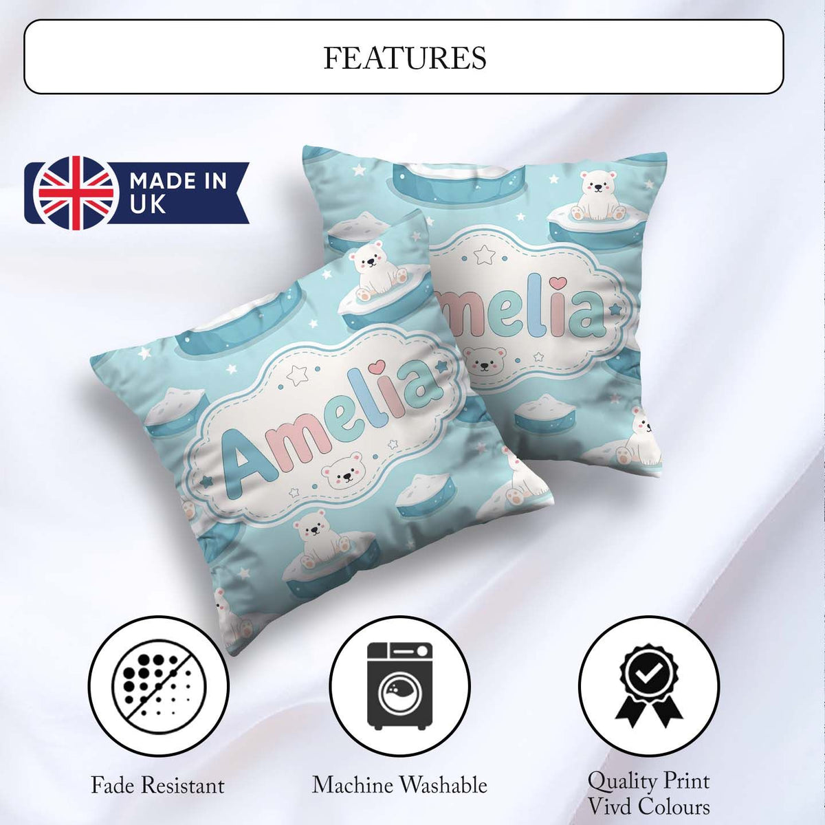 Custom Name Cute Polar Bears on Ice Floes Arctic Winter Seamless Square Filled Cushion Throw Pillow Sofa Bed Home Decor Zip Washable UK Made