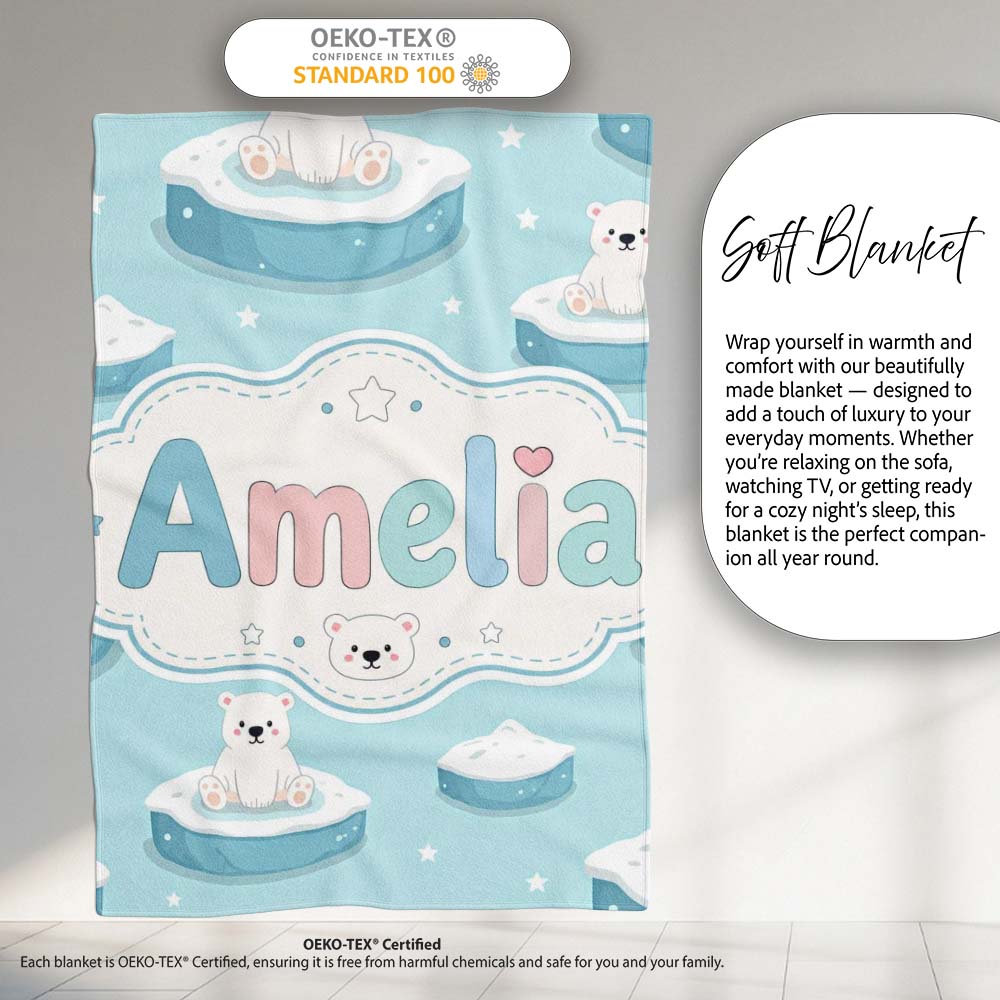 Cute Polar Bears on Ice Floes Arctic Winter Cute Animals Seamless  Personalised Custom Name Super Soft Fleece Blanket Bed Sofa Throw