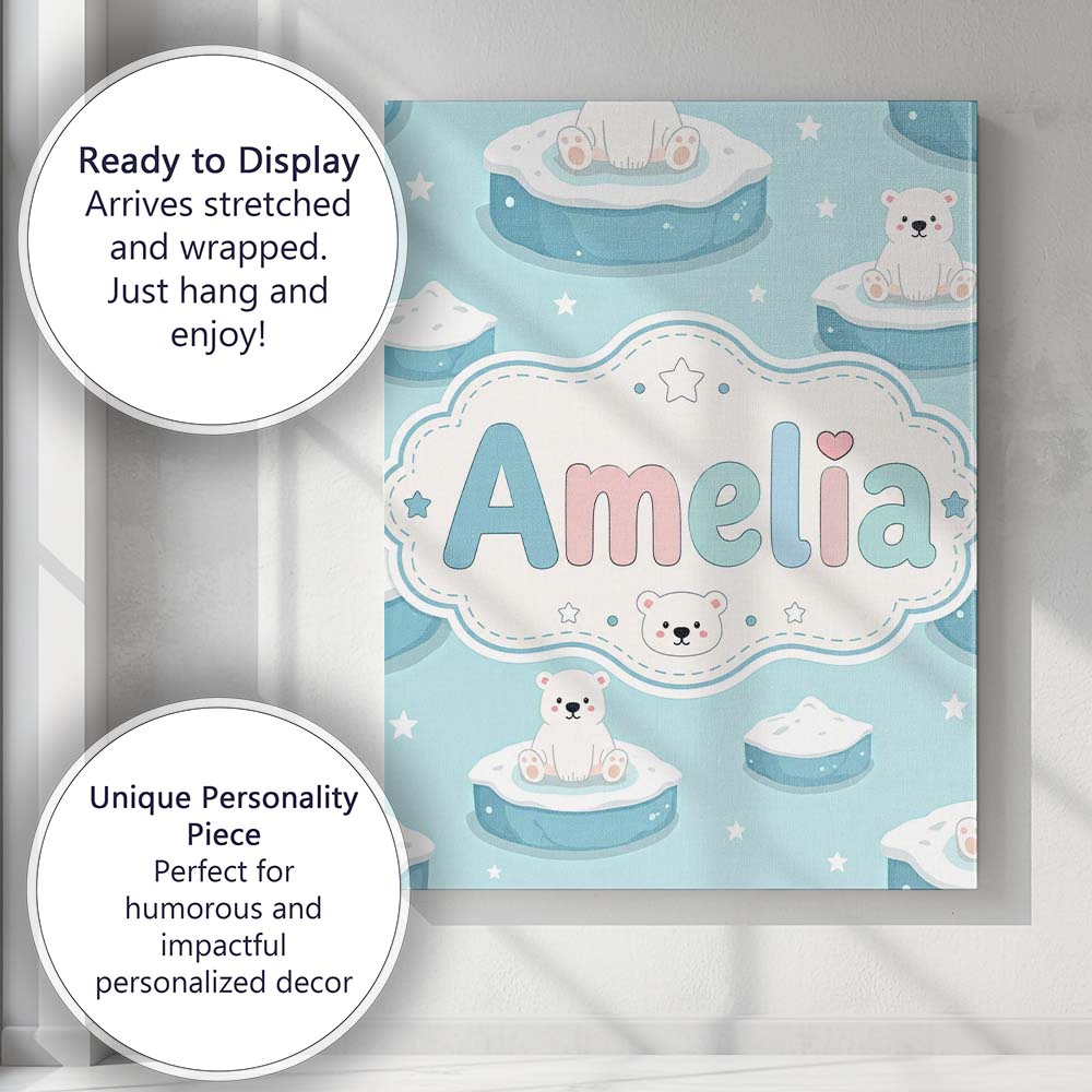 Personalised Name Cute Polar Bears on Ice Custom  Unique Gift Idea Elegant Feature Canvas Wall Art Print Decor Picture Ready to Hang