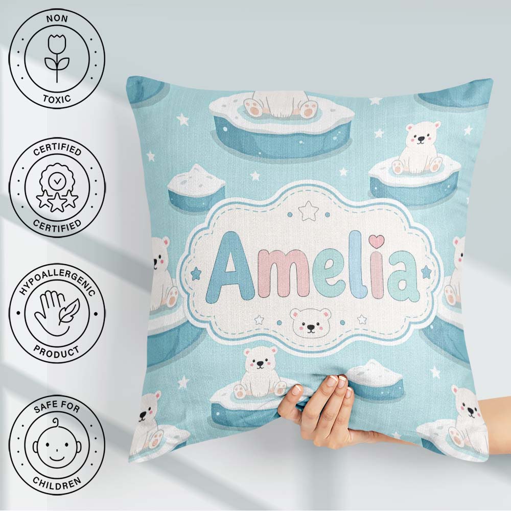 Custom Name Cute Polar Bears on Ice Floes Arctic Winter Seamless Square Filled Cushion Throw Pillow Sofa Bed Home Decor Zip Washable UK Made