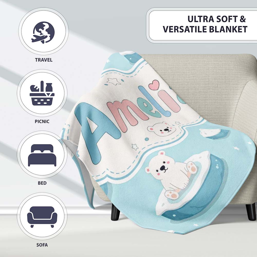 Cute Polar Bears on Ice Floes Arctic Winter Cute Animals Seamless  Personalised Custom Name Super Soft Fleece Blanket Bed Sofa Throw