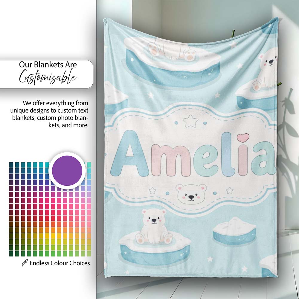Cute Polar Bears on Ice Floes Arctic Winter Cute Animals Seamless  Personalised Custom Name Super Soft Fleece Blanket Bed Sofa Throw