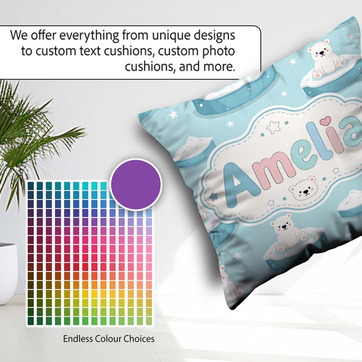 Custom Name Cute Polar Bears on Ice Floes Arctic Winter Seamless Square Filled Cushion Throw Pillow Sofa Bed Home Decor Zip Washable UK Made