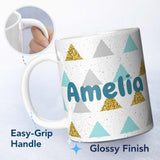 Personalized Custom Name Modern Christmas Tree Triangle Gold Glitter Minimal Seamless Pattern 11oz Ceramic Coffee Tea Mug White Large Handle