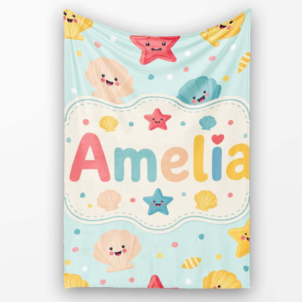 Cute Kawaii Seashells Starfish Pastel Ocean Confetti Seamless Lovely  Personalised Custom Name Super Soft Fleece Blanket Bed Sofa Throw