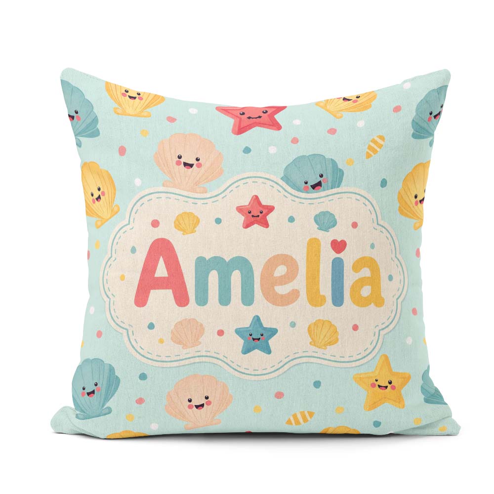 Custom Name Cute Kawaii Seashells Starfish Pastel Ocean Confetti Square Filled Cushion Throw Pillow Sofa Bed Home Decor Zip Washable UK Made